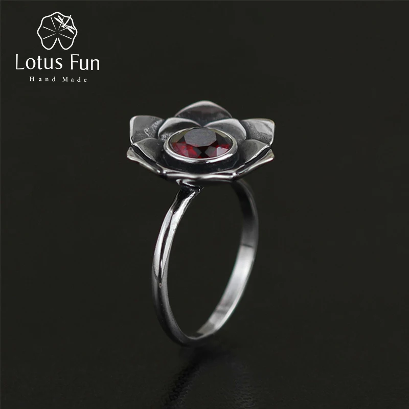Lotus Fun Real 925 Sterling Silver Resizable Rings for Women Natural Garnet Red Vintage Thailand Silver Flower Band Fine Jewelry