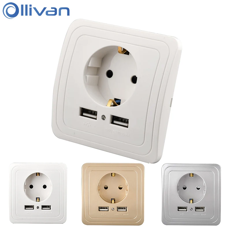 

Ollivan Dual USB Port 16A EU Plug Socket Switch Grounded Electric Wall Charger Adapter Charging Outlet Panel White Silver Gold