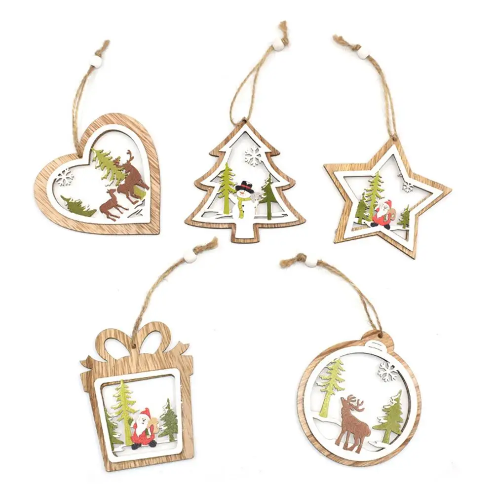 

5pcs/set Christmas Tree Ornaments Hanging Xmas Tree Openwork Wooden Bells Five-pointed Star Wooden Window Pendant Decoration
