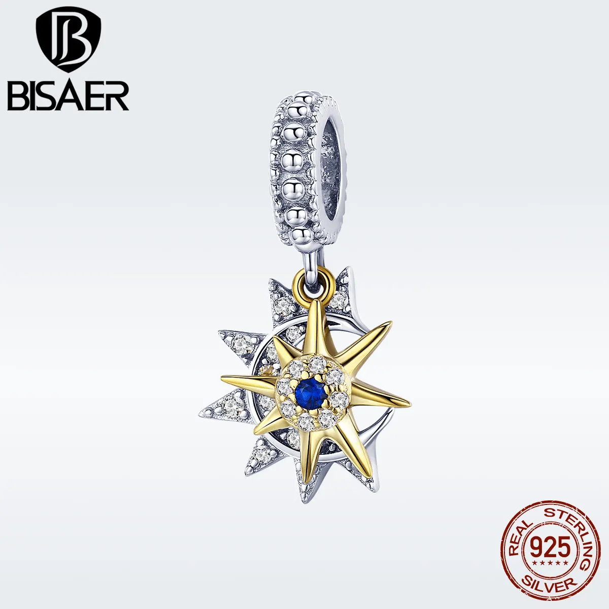 

BISAER Authentic 925 Sterling Silver Gold Color CZ Moon and Star Pendant Charm fit Original s925diy Charm Bracelet GXC1135