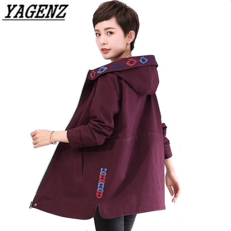 

High Quality Women Windbreaker Fashion Autumn Winter Embroidered Loose Hooded Coat Casual Medium-long Trench Coat Plus Size 4XL