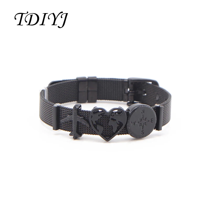 

TDIYJ Love Travel 21cm Stainless Steel Black Mesh Bracelet Set with Plane Heart World Compass Silde Charms for Holiday Gift