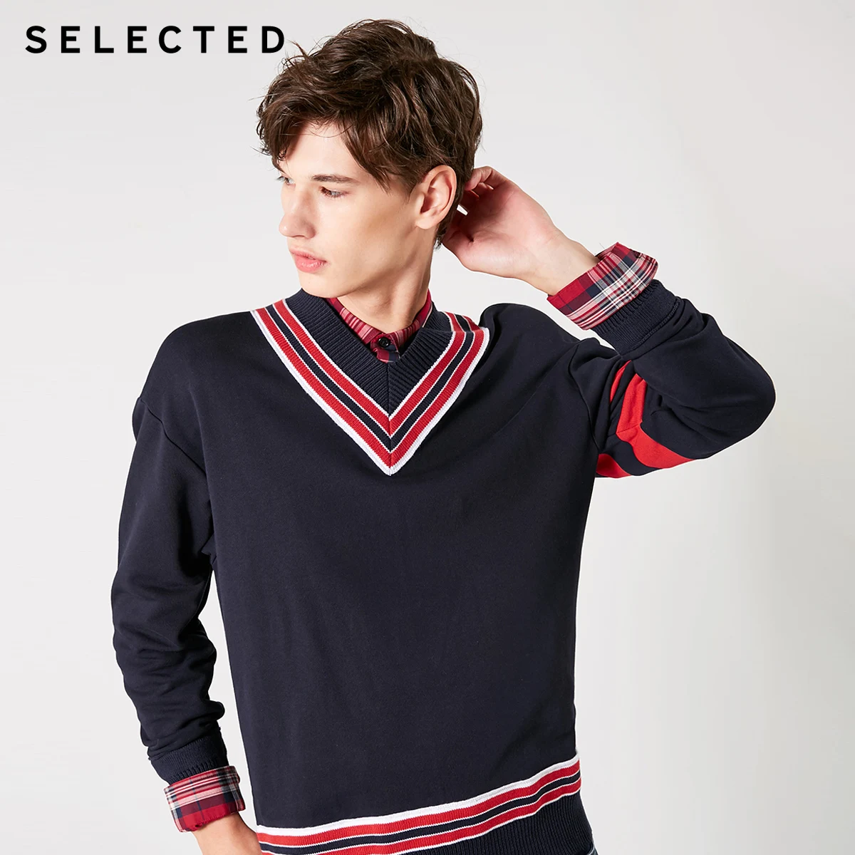 

SELECTED Men's 100% Cotton Striped V-neck Knitted Sweatshirt S|41914D507