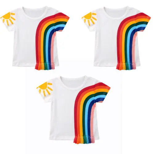 New Fashion Kids Baby Girls Rainbow Tassel T Shirts Short Sleeve