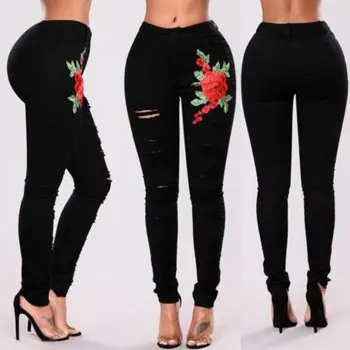 

hirigin 2017 Women Pants Rose Floral Print Crop Ankle Length Black High Waist Stretchy Skinny Capris S-XXL Five Size