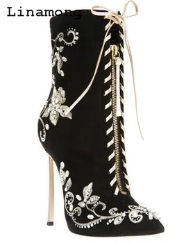 

2018 spring and summer thin high heel with embroider and Ribbon cross straps decoration zipped pointed toe flock short boots