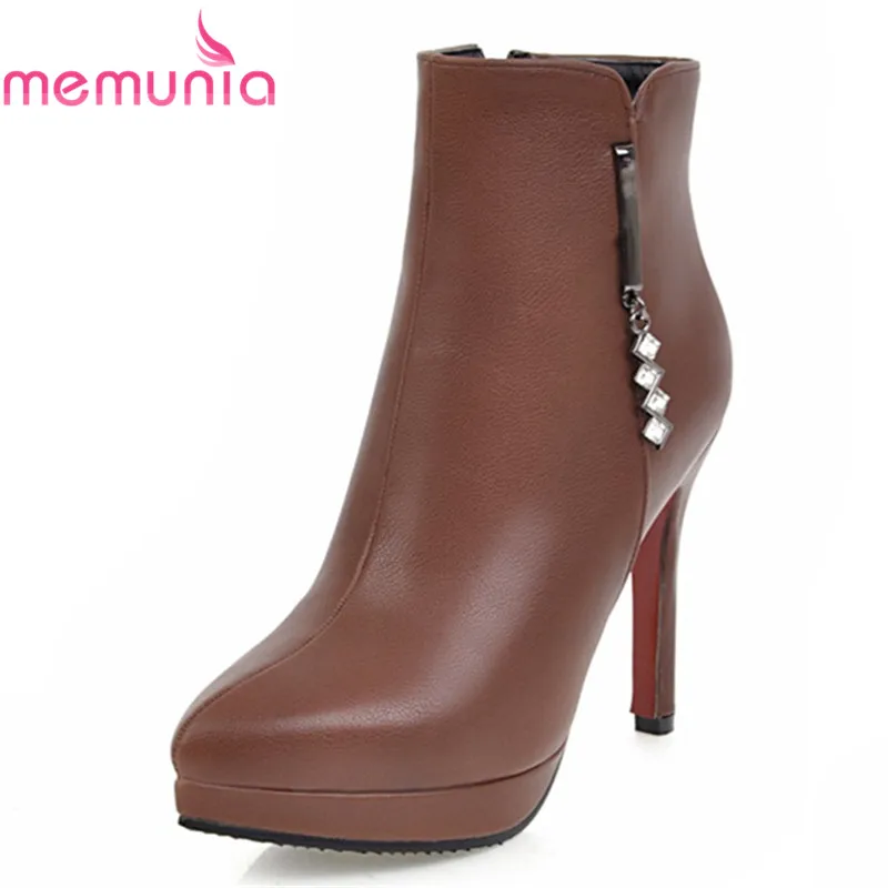

MEMUNIA 2020 new arrival high heel boots women with rhinestone pointed toe ankle boots sexy female platform pu leather boots