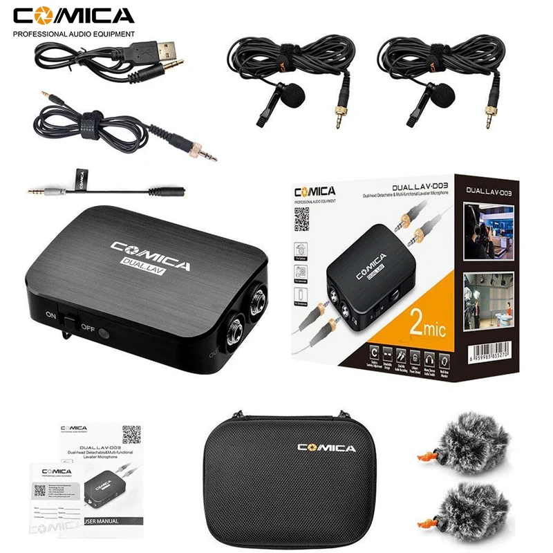  Comica CVM-D03 Dual Lavalier Lapel Microphone with Mono/Stereo Clip-on Interview Microphone for Cam