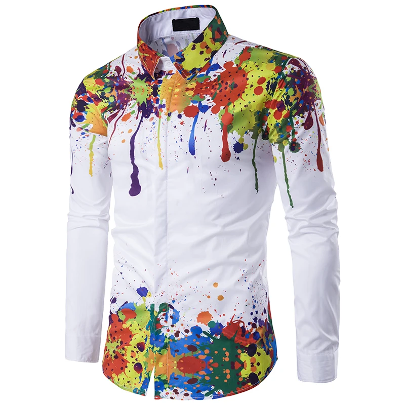 Koop Hot Koop Hoge Kwaliteit Mode 3D Splash Verf Print Slim Fit Shirts Heren Luxe Lange Mouwen Casual Dress Shirts Top m 3XL