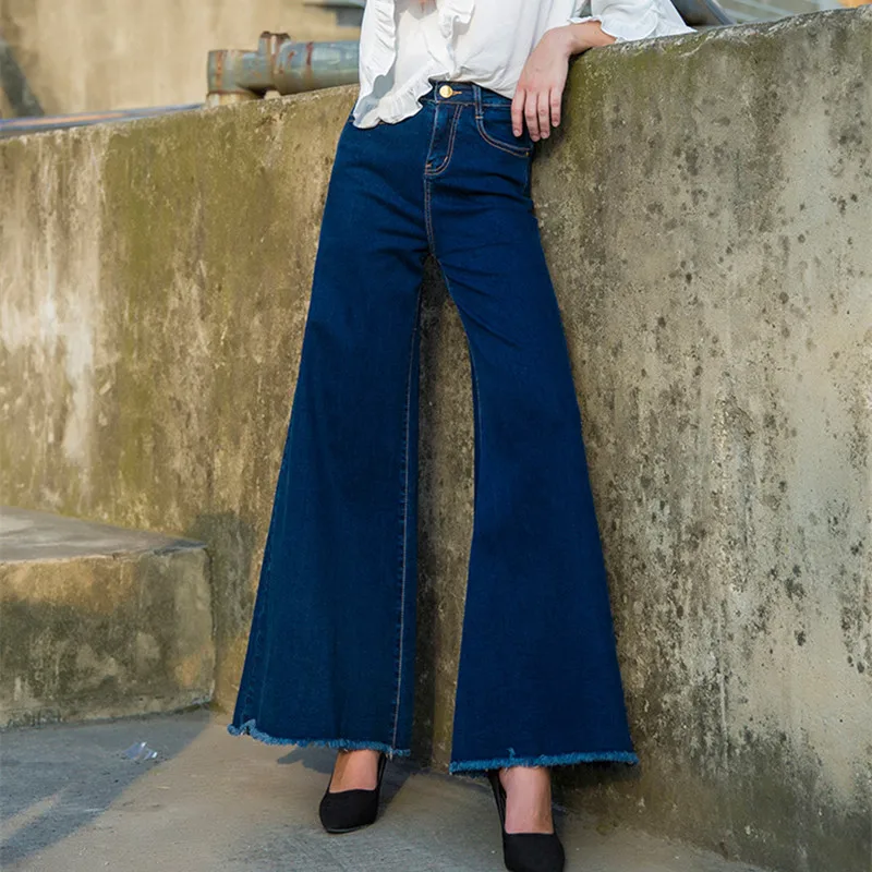 

Free Shipping 2019 New Fashion Long Jeans Pants For Women Wide Leg Trousers Plus Size 25-30 Tassels Denim Summer Stretch Jeans