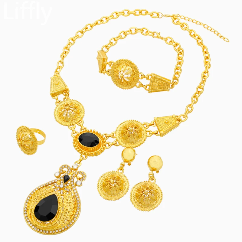 

Women Fashion 2019 Dubai 24 Gold Jewelry Sets Crystal Necklace Bracelet Ring Charm Bride Wedding Gift Accessories