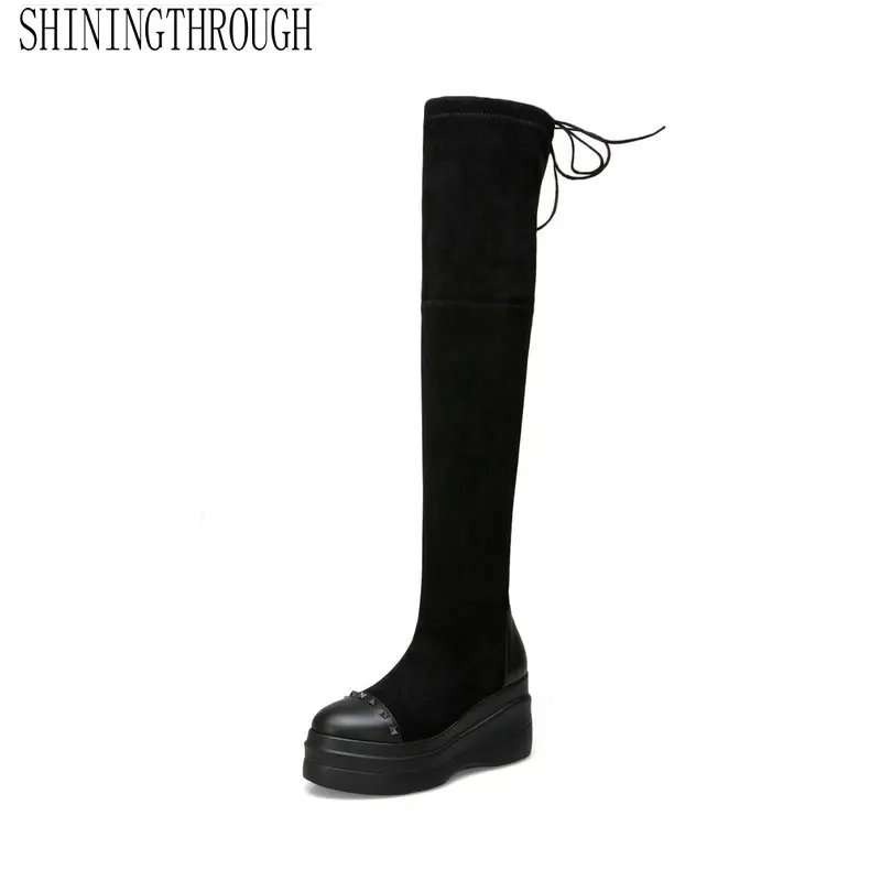 

Genuine Leather Women over the knee high Boots Fashion Sexy Wedges High Heel The Rivet Women Shoes Spring Autumn Party Shoes