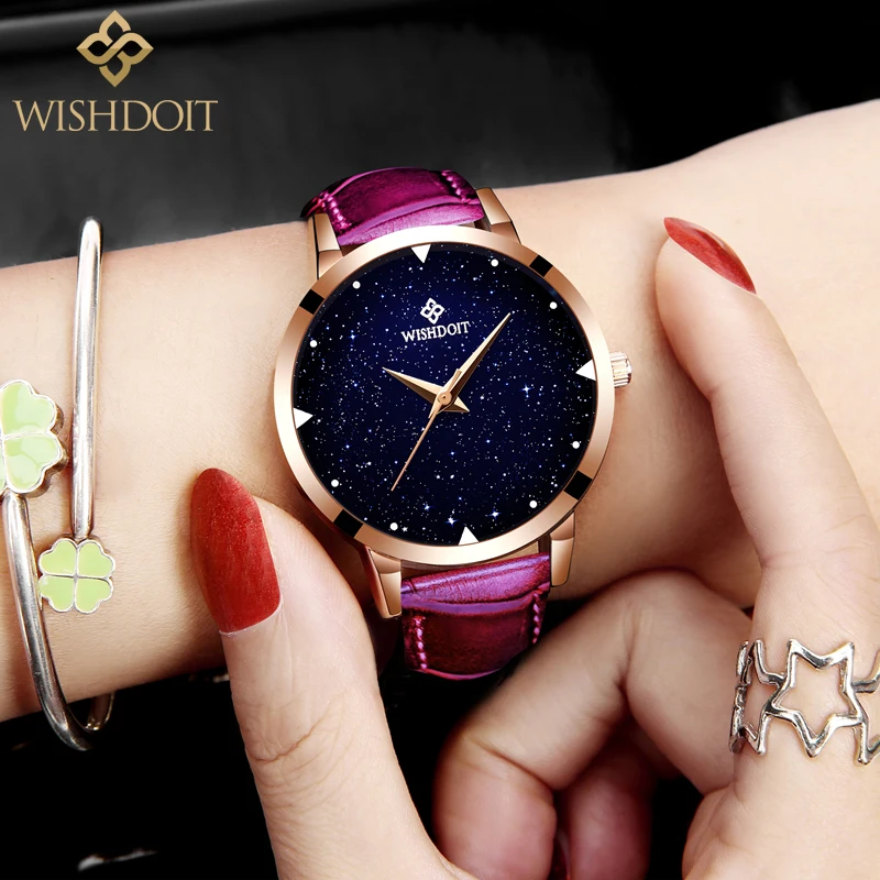 

WISHDOIT Fashion Ladies Wrist Watches Leather Watchband Starry sky Womens Quartz Clock Diamond Female Wristwatch Montres Femmes