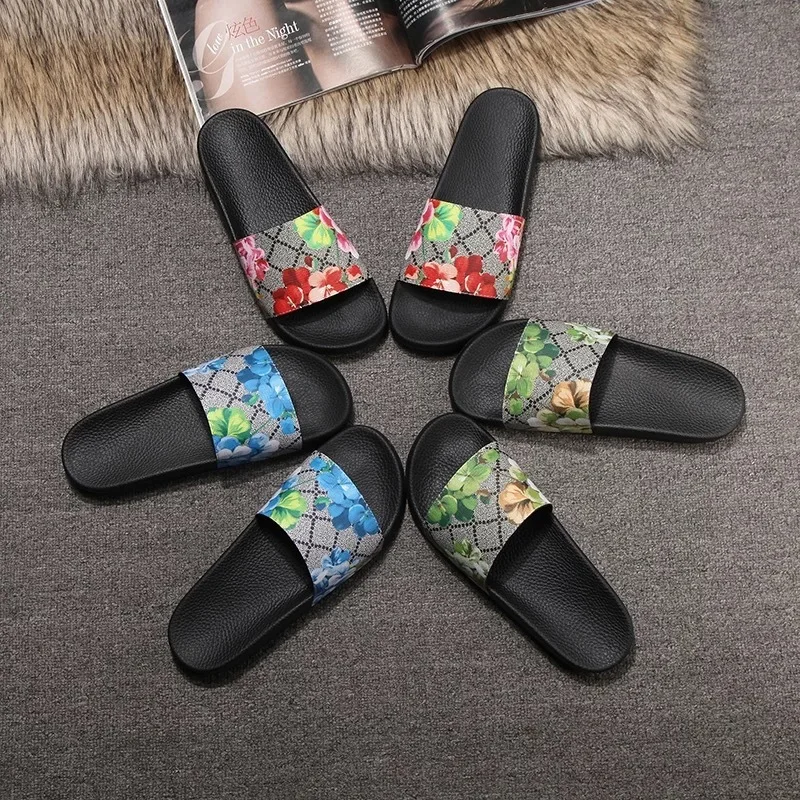 

Genuine Leather Women's Slippers Womens Soft Brand Slide Sandals Floral Printing Leather Rubber Flip-flops Slippers