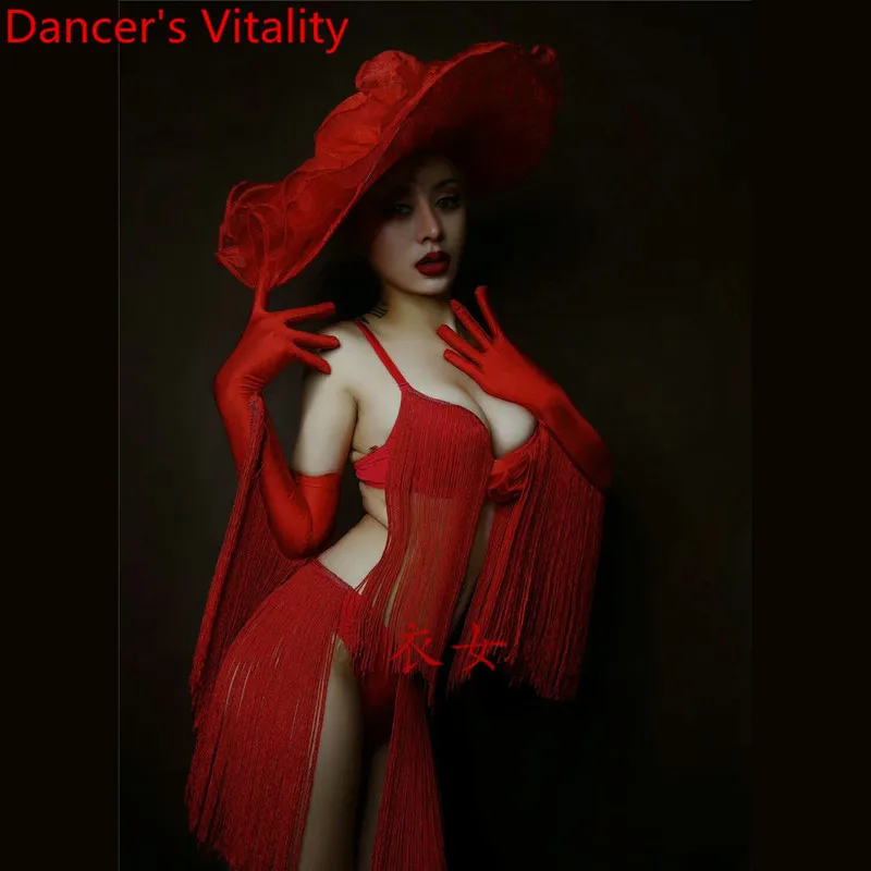 

Nightclub Opening Dance Model DJ Show Photography Red Tassel Bikini Stage Wear Headdress Hat Women Performance Costume Clothes