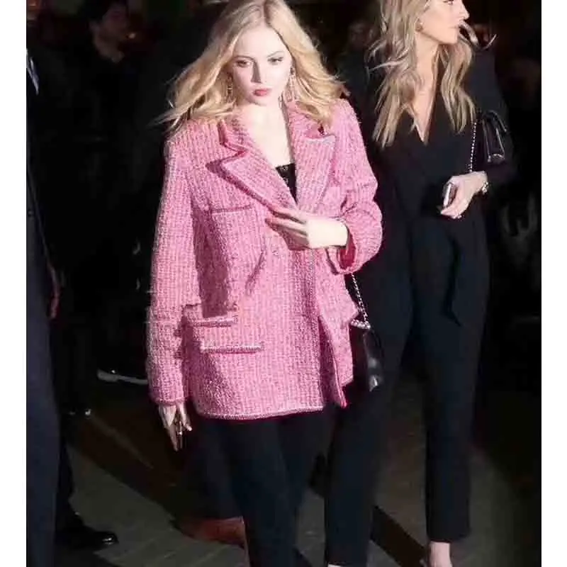

Cosmicchic Pink Tweed Jacket Double Breasted Long Sleeve Lapel Collar Jacket Women Elegance Coat Lined Silk Designer Runway 2019