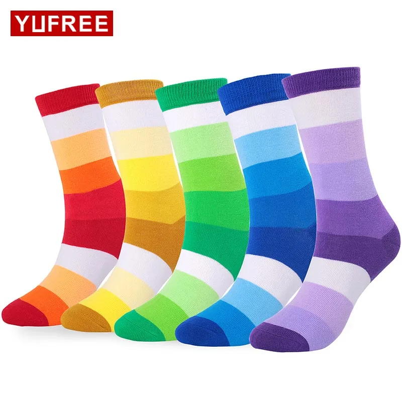 Yufree 2018 Для мужчин смешно Happy Socks Разноцветные полосатые носки осень Для мужчин модные однотонные хлопчатобумажные носки Thciken теплые носки