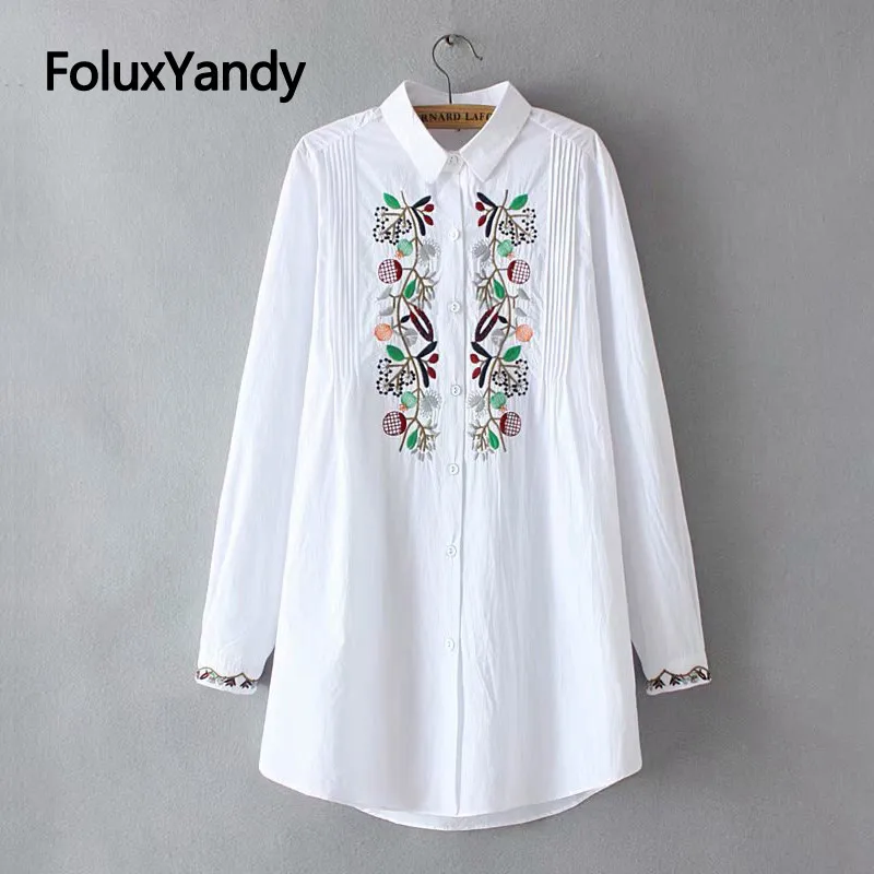 

Floral Embroidery White Shirts Women Long Sleeve Blouses Plus Size Turn-down Collar Pleated Vintage Blouse Shirt KKFY3855