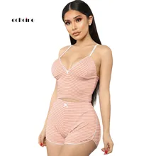 Echoine Fashion Women Two Piece Set Sexy Spaghetti Straps Striped Knit Elastic Slim Lace Short Pants Night Suits Female Apparel