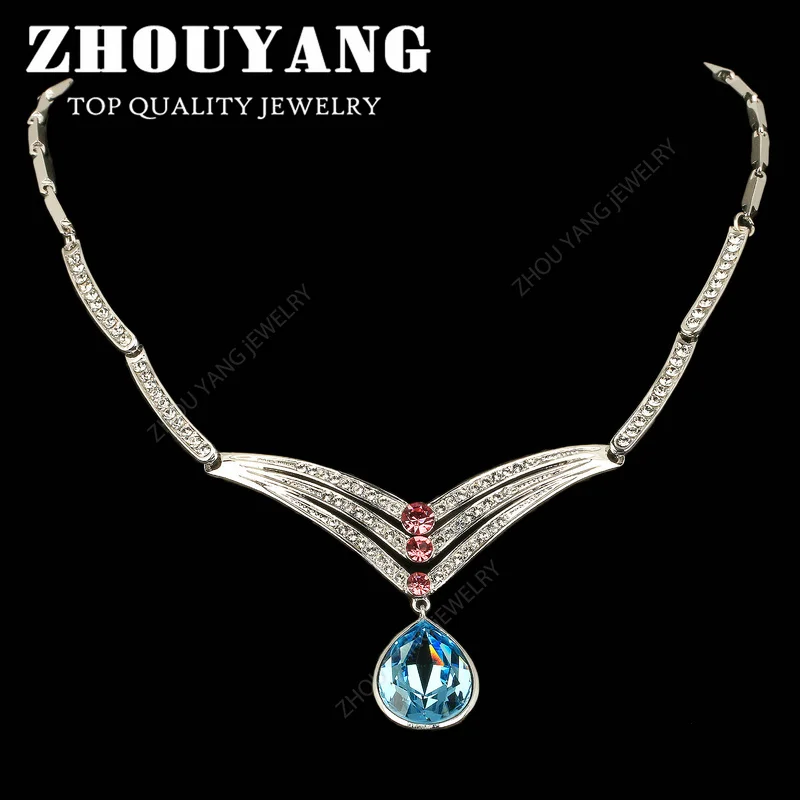 ZHOUYANG ZYN566 Silver Color Water Drop Blue Crystal Wedding Necklace with Top Grade Marquise-cut CZ Bridal Necklace