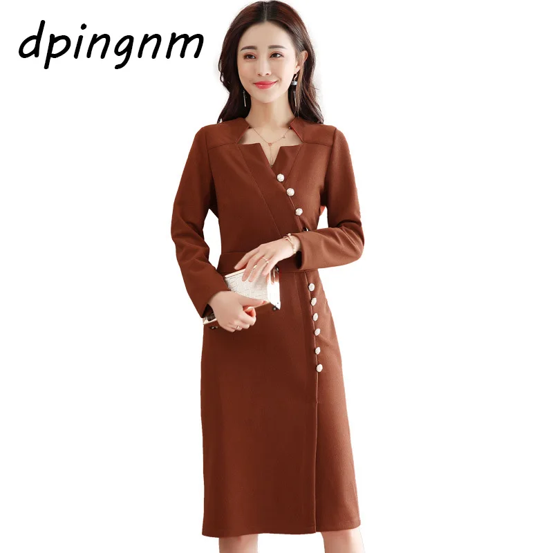 

2018 new spring and autumn solid color dress female long section bag hip slim slimming temperament V-neck long-sleeved