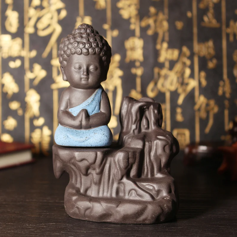 Маленькая статуя монаха, Будды, конусы для благовоний, керамическая курильница, держатель для благовоний, горелка для благовоний дзен, горелка для благовоний, дым+ 10 конусов для благовоний