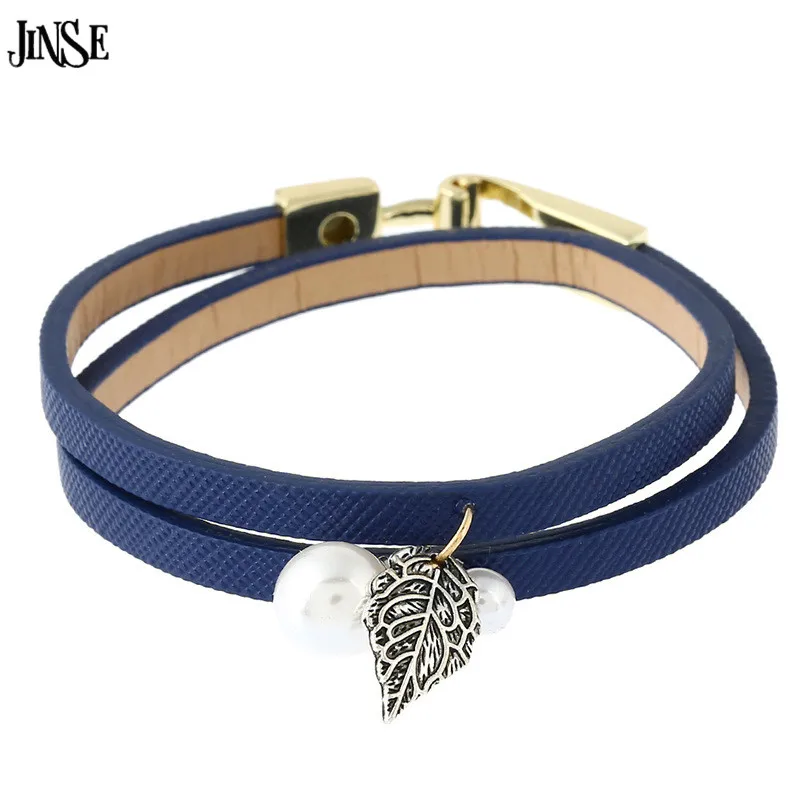 JINSE богемный Pulseira искусственный жемчуг листьев искусственная кожа 2 слоя