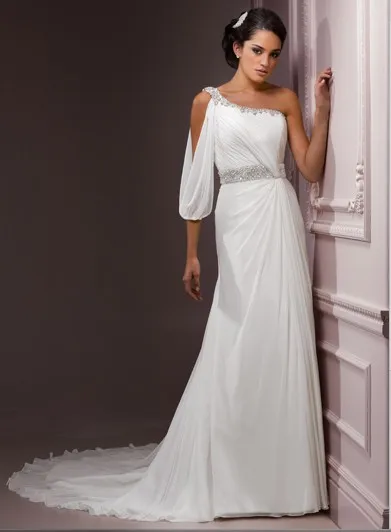 W0172 Sheath One-shoulder Chiffon Beaded wholesale custom full length white/ivory wedding bridal gown dresses | Свадьбы и торжества