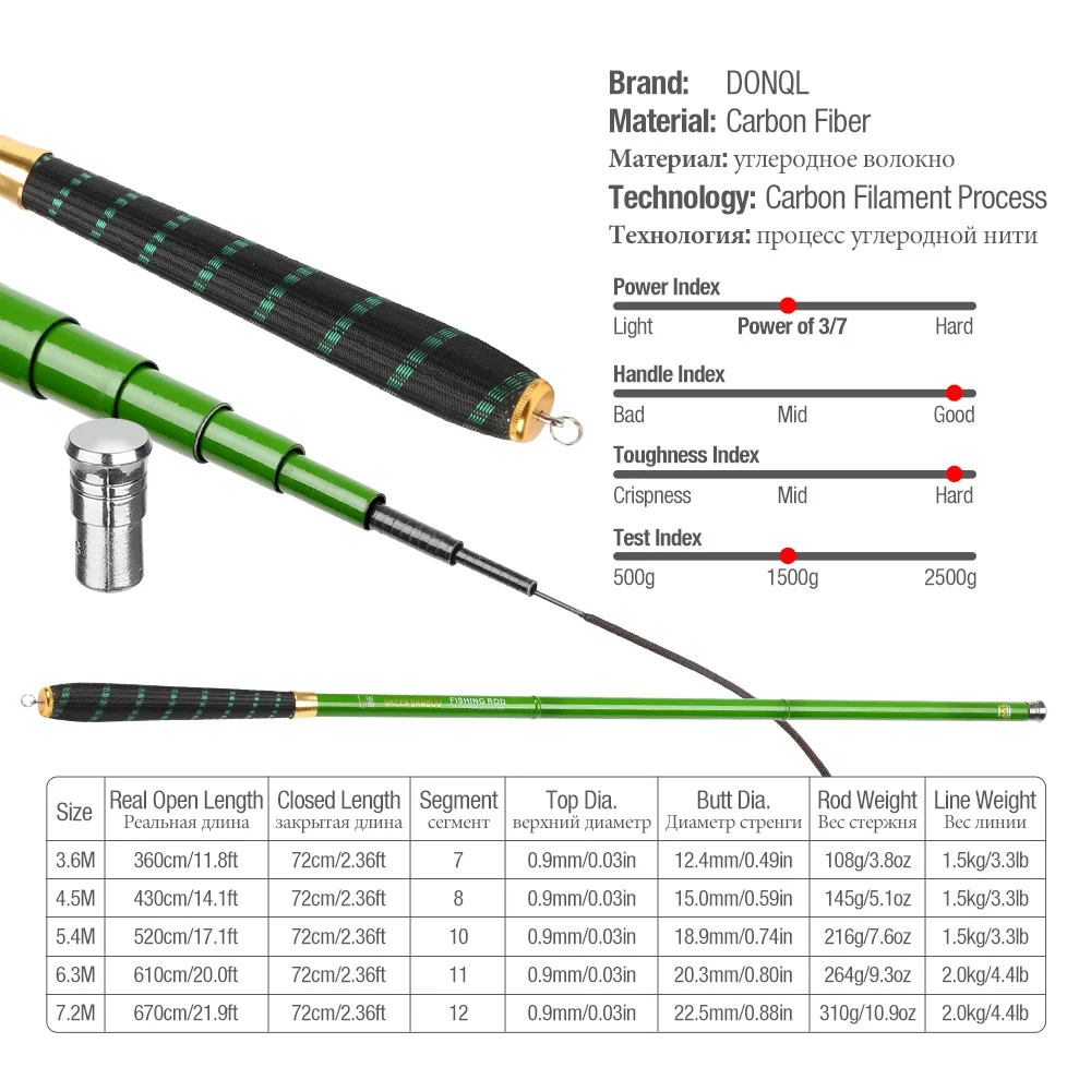 DONQL углеродное волокно Телескопическая Удочка 3,6 м-7,2 м наружная портативная Гибкая Удочка ручной полюс комбинированный комплект