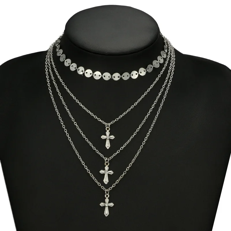 

2018 Cool Boho Gold Silver Color Cross Shape Pendant Necklace for Women Girl Multilayered Charms Necklace Statement Jewelry