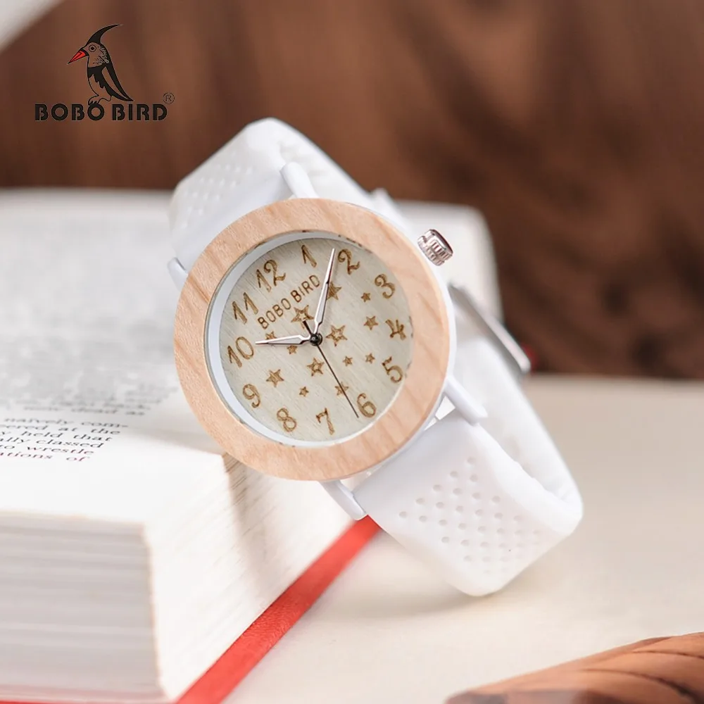Koop BOBO VOGEL Uurwerken Vrouwen Hout Horloges Zachte Siliconen Band Sterrenhemel Mode Ontwerp Dames Quartz Polshorloge W * P21