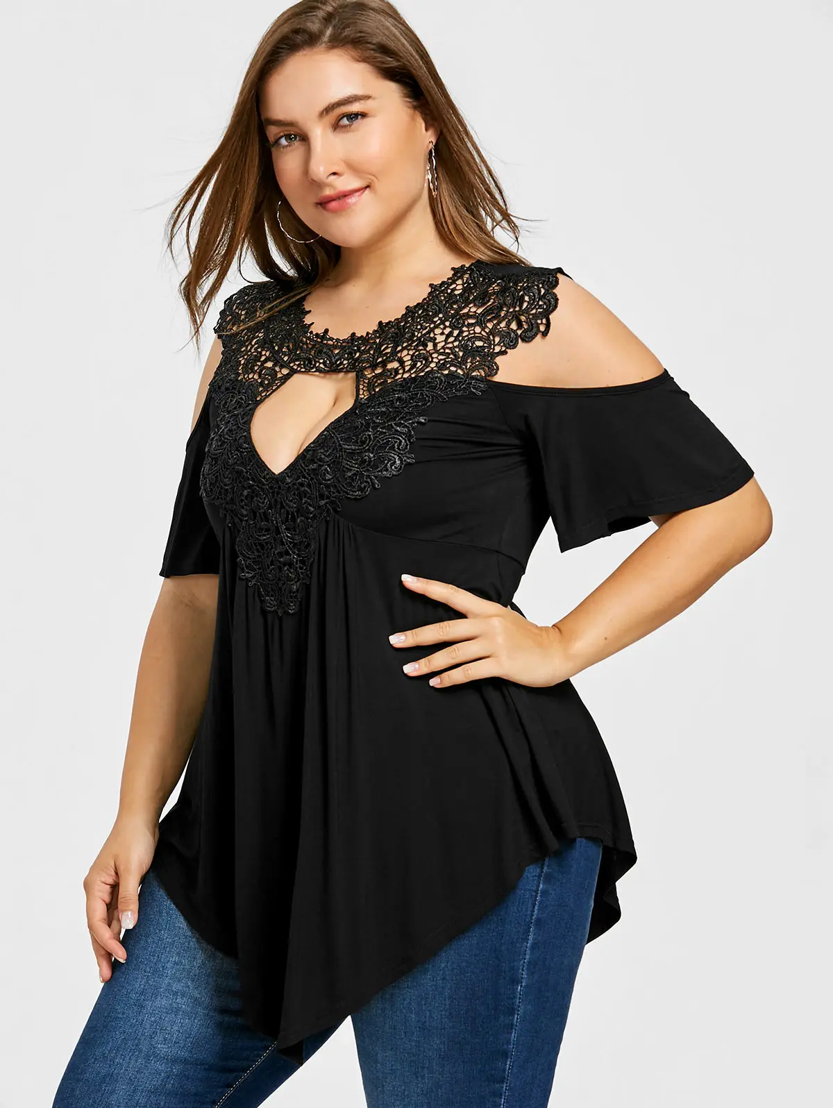 Wipalo Plus Size Keyhole Neck Cold Shoulder T Shirt Black Summer Casual