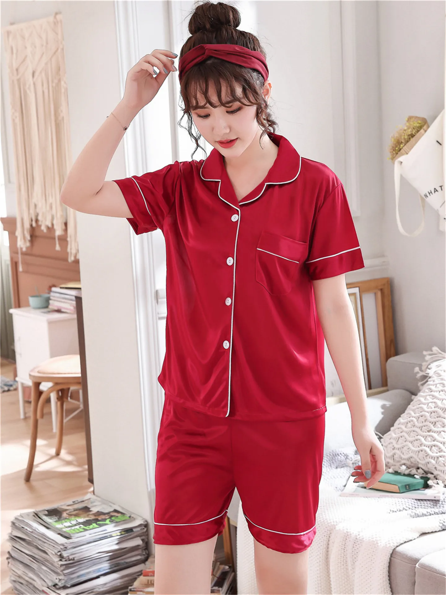 Пижамные наборы для влюблённых пар, женская летняя Пижама с короткими рукавами, свободные мужские парные пижамы из искусственного шелка, комплект одежды для сна, топ+ штаны