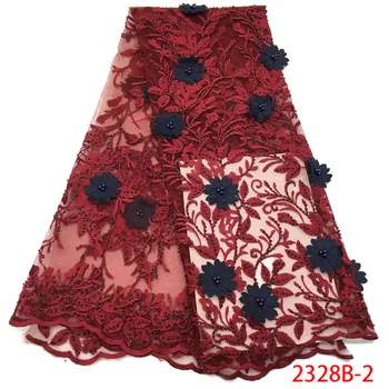 

New Design Red Bridal Wedding Dress French Lace Fabrics With Navy Blue 3D Flowers Beaded Tulle Embroidered Mesh Laces L2328B-2