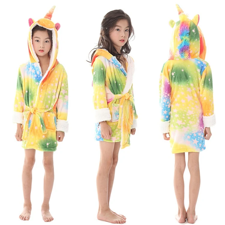 Новинка; банные халаты для маленьких девочек с единорогом; детский балахон с капюшоном; детский фланелевый банный халат; Пижама с рисунком панды; одежда для сна - Цвет: colorful star