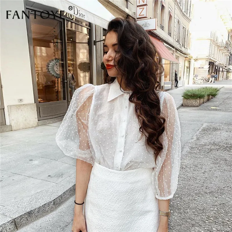 Günstig Fantoye Frühjahr Neue Frauen Chiffon Bluse Shirt Sexy Transparent Mesh Perlen Puff Hülse Weibliche büro Shirts Dame Blusa Outfits