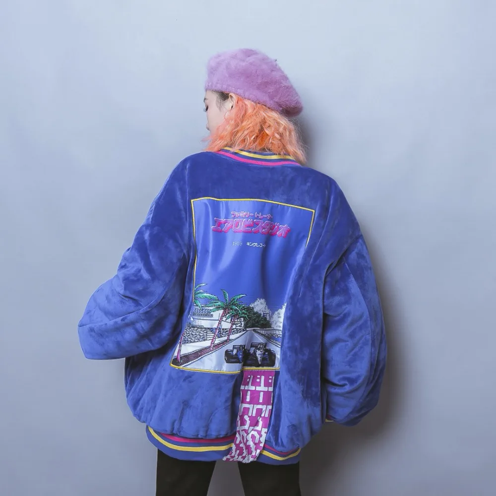 

Jasmine Street Harajuku letters thick BF color embroidery velvet rib padded coat