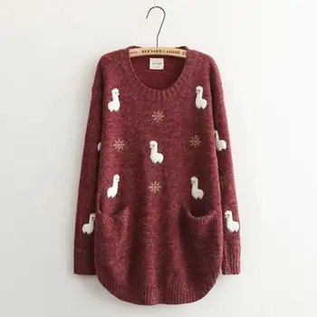 

Cute Alpaca Women's Pullover Sweaters Cartoon Embroidered Loose Mori Girl Knitwear
