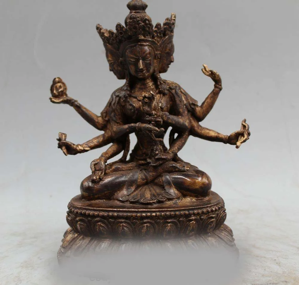 

6" Old Tibet Bronze Seat 3 Head 8 Arms Namgyalma & Ushnishavijaya Buddha Statue