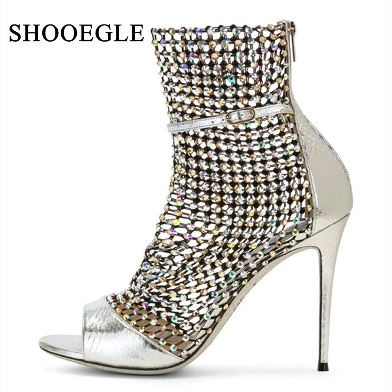 

Sexy Peep Toe Mesh Summer Boot Women Cut Out Ankle Strap Sandals High Heels Lady Buckle Strap Gladiator Boots Sandalias Mujer