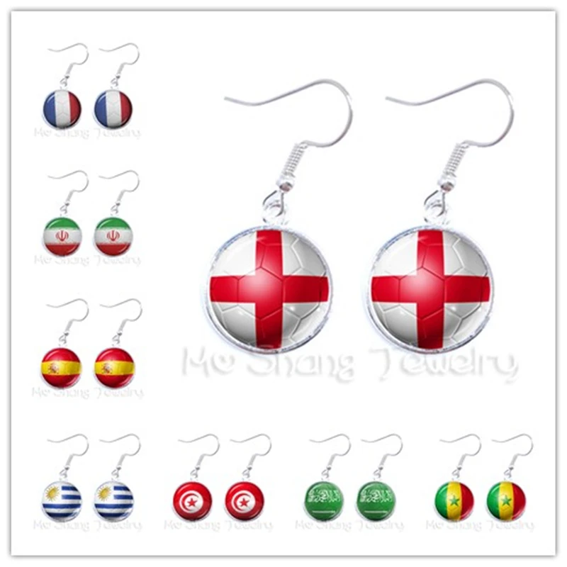 

France/England/Iran/Spain/Uruguay/Tunisia National Flag Base Ball Fan Sports Fans Lover Jewelry 2018 Football cup Glass Earrings