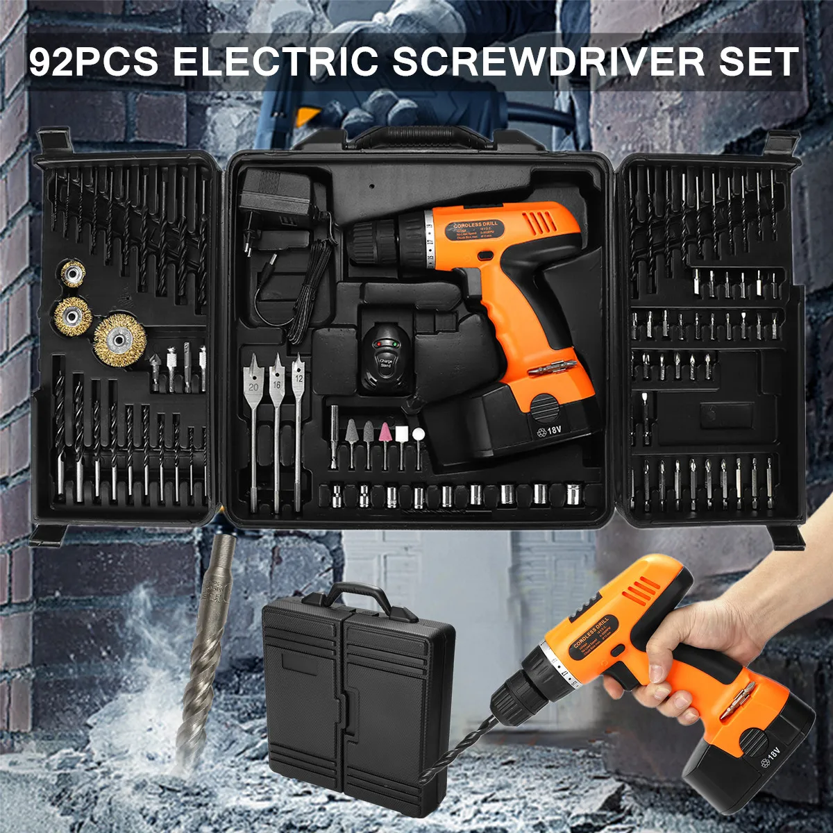 

92Pcs 18V Rechargeable Powered Cordless Drill Accessory Set 19-speed Double Tip Screwdriver For DIY Repairs Carpentry Wood Metal