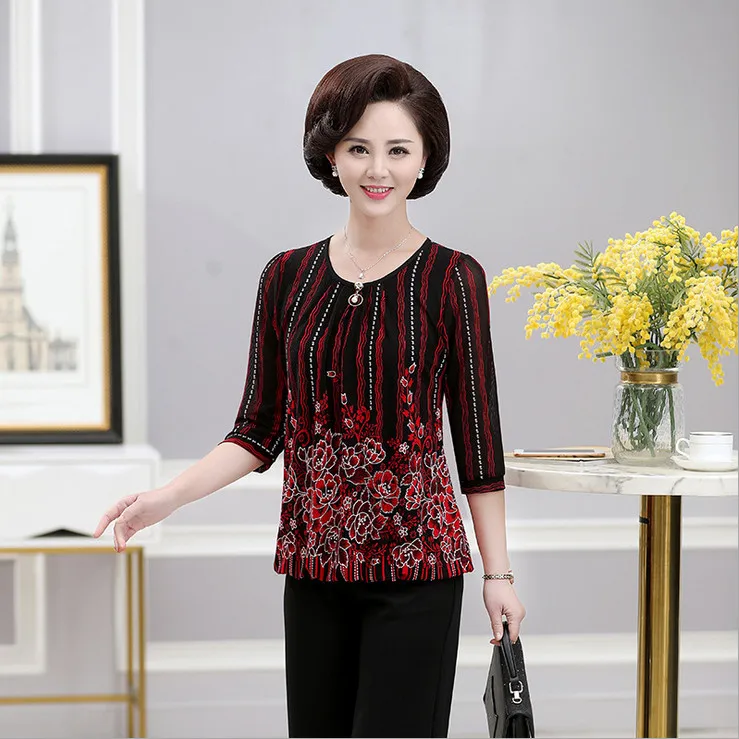 

printed t-shirts three quarter sleeve women tops pullovers 2020 summer new stretch large size middle age mother tee shirt