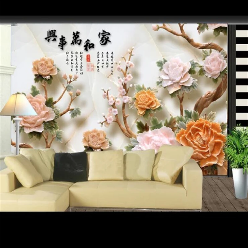 

wellyu papel de parede Custom wallpaper Peony Home and Everything Jade Carving TV Background Wall Picture papier peint behang