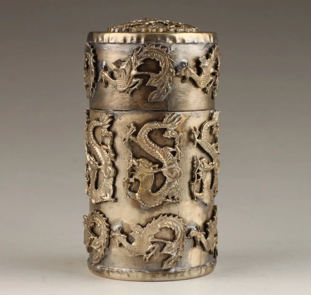 

Medicine old Vintage Collection Handmade Unique Tibetan Silver Dragon Phoenix Toothpick Box Garden Decoration Bronze