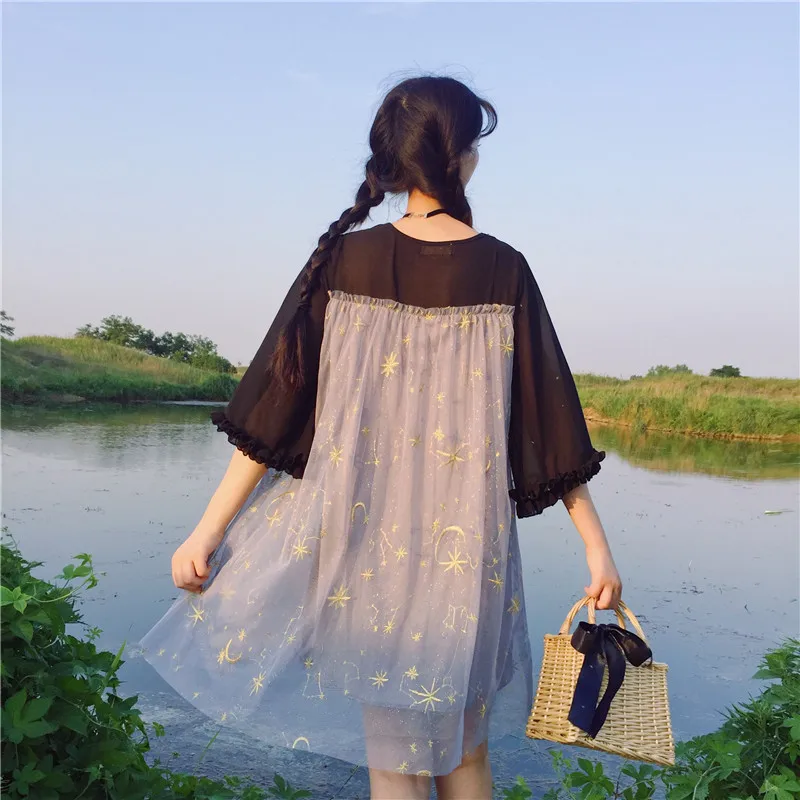 Для женщин платья для Японии Kawaii Ulzzang шифон шить сетки Ложные два платье женский