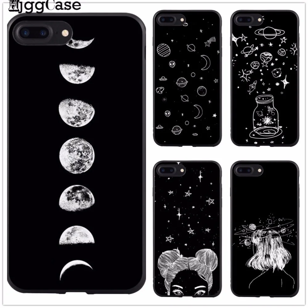 

For iPhone 6 6S 6Plus 7 7Plus 8 8Plus X 5 5S SE sky Space planet Black and white sun Moon stars TPU soft Silicone Cover Case