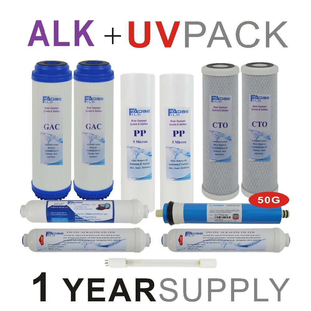 

1 Year Supply Alkaline Ultraviolet Reverse Osmosis System Replacement Filter Set -11 Filters with UV Bulb and 50 GPD RO Membrane