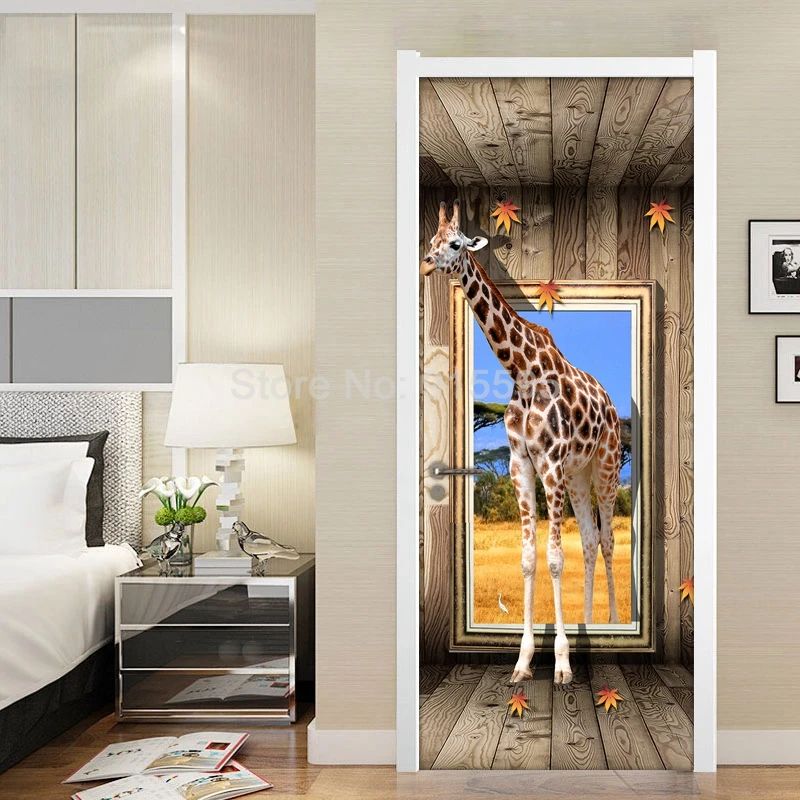 Двери Стикеры s 3D жирафа животных Плакат Гостиная Спальня двери Стикеры Водонепроницаемый Книги по искусству Наклейки на стены Стикеры
