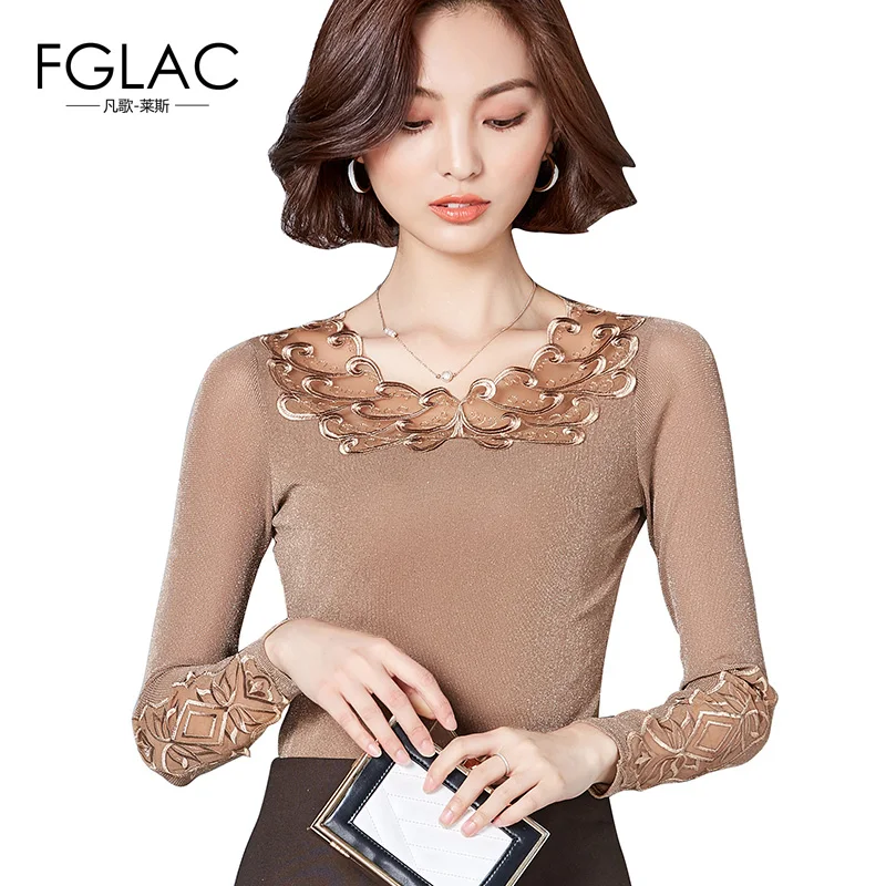 

FGLAC Women blouse shirt New Arrivals 2019 spring long sleeved lace shirt Elegant Slim hollow out lace tops plus size women tops